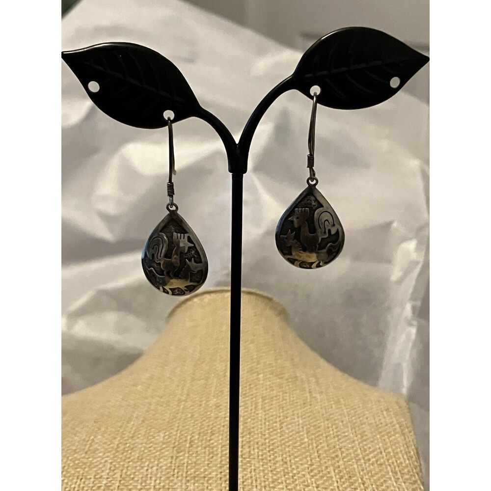 Sterling Silver 925 Earrings Rooster and Horse Tribal Teardrop - Picture 2 of 4